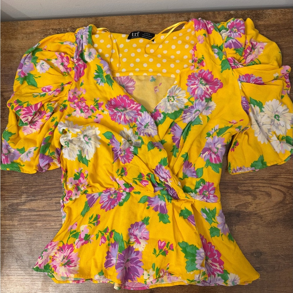 Zara Yellow Floral Puff-Sleeve Wrap Blouse